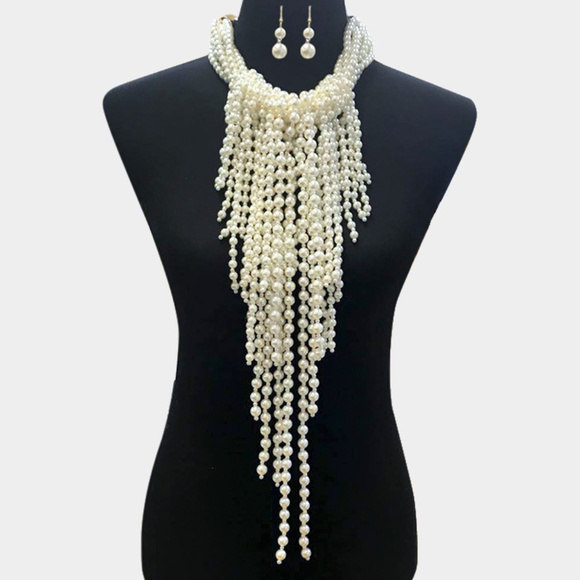 Jewelry - Multi Pearl Strand Waterfall Statement Necklace